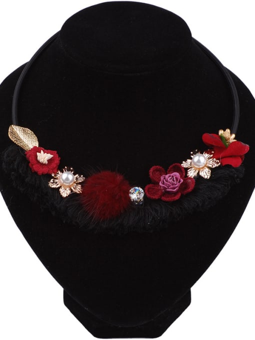 red Fashion Cloth Flowers Pompon Ball Alloy Necklace
