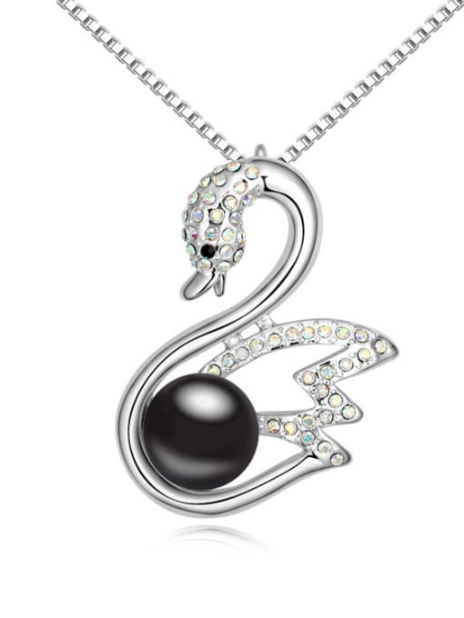 Black Exquisite Imitation Pearl Shiny White Crystals-studded Swan Alloy Necklace