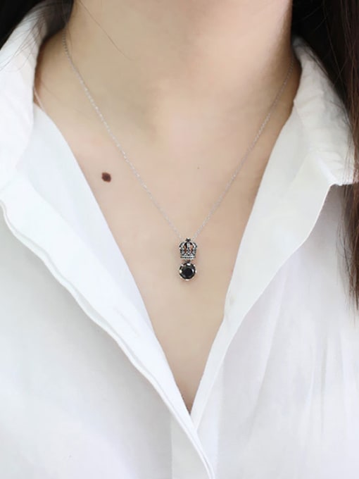 DAKA Retro style Black Zircon Little Crown Silver Necklace 1