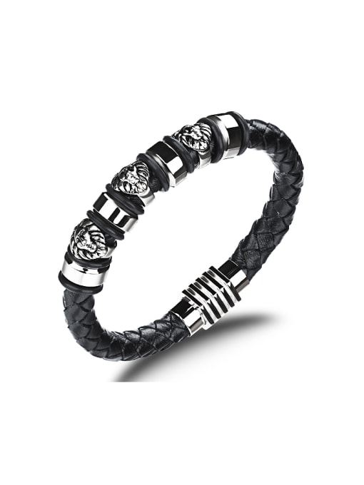 Open Sky Personalized Titanium Lion Heads PU Chain Men Bracelet 0