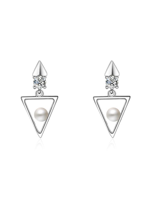 AI Fei Er Simple Hollow Triangle Imitation Pearl Cubic Zircon Copper Stud Earrings 0