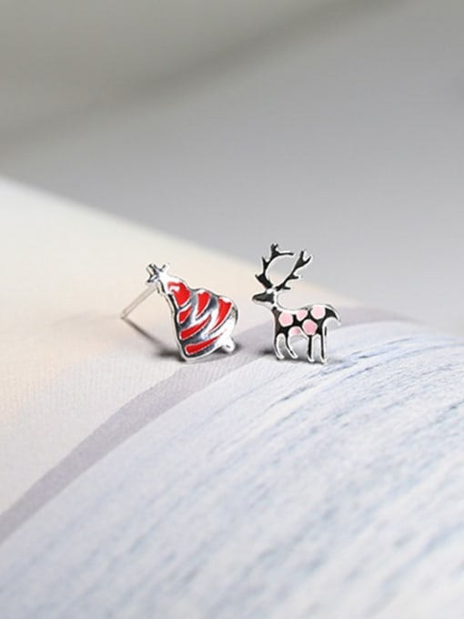 2 Tiny Christmas Tree Deer Asymmetrical 925 Silver Stud Earrings