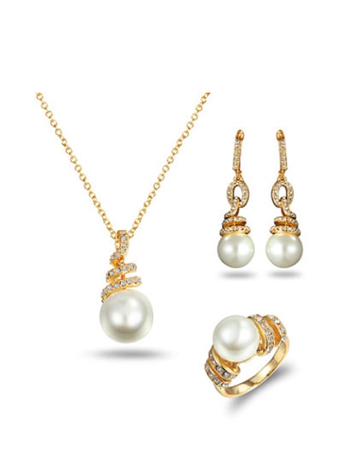 gold Elegant 18K Gold Plated Artificial Pearl Three Pieces Jewelry Set