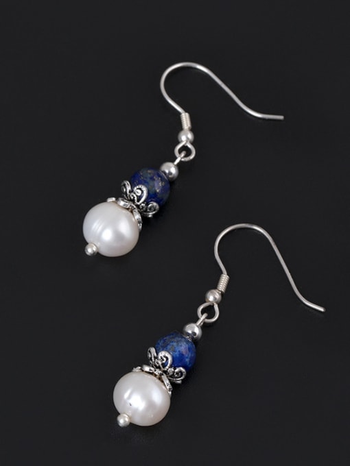 SILVER MI Retro style Freshwater Pearl Blue Stone Bead 925 Silver Earrings 1