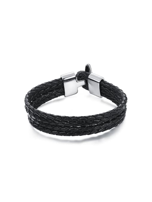 Open Sky Simple Four-band Woven Black Artificial Leather Titanium Men Bracelet 0