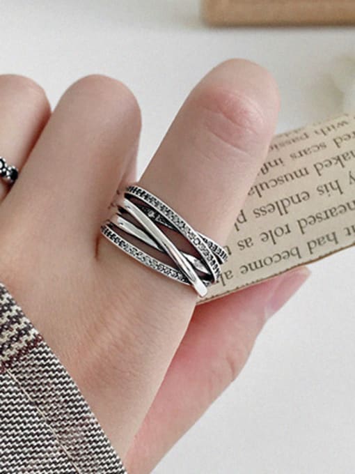 DAKA 925 Sterling Silver With Antique Silver Plated Vintage Multi-layer line  free size Rings 1
