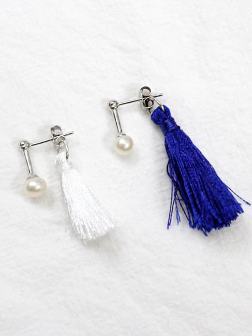 DAKA Fashion Chinlon Tassels Freshwater Pearl Silver Stud Earrings 0