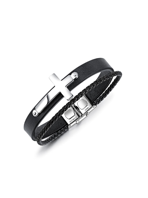 titanium Personalized Woven Black Artificial Leather Two-band Cross Bracelet