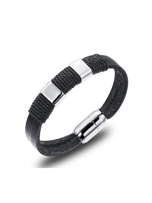 titanium Simple Black Artificial Leather Sporty Men Bracelet