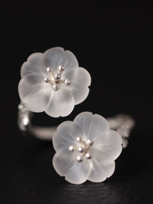 SILVER MI Double Crystal Flowers Opening Ring 0