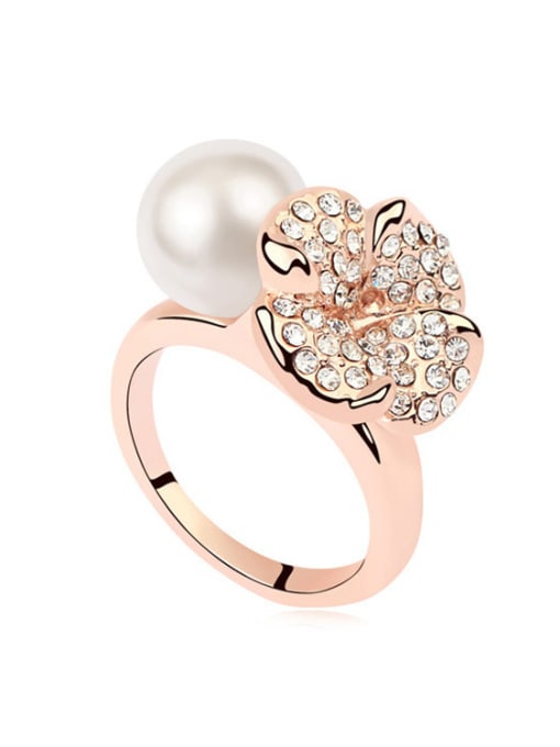 White Personalized Imitation Pearl Shiny Crystals-Covered Flower Alloy Ring