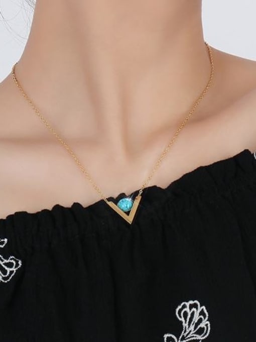 CONG Fashion Letter V Shaped Turquoise Stone Titanium Necklace 1