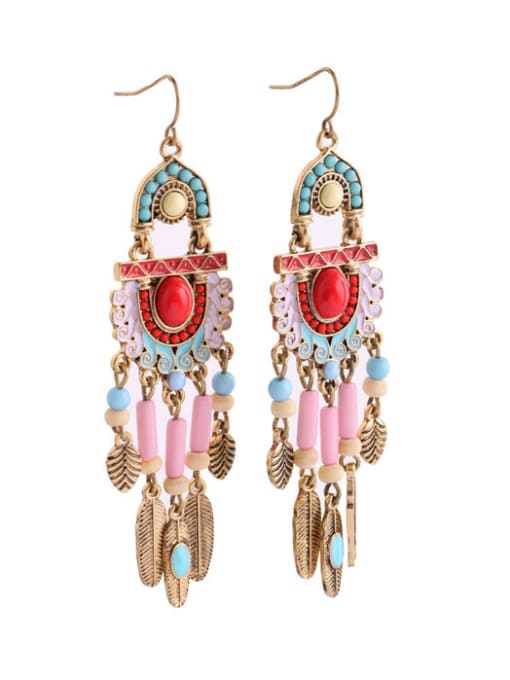 KM Alloy Feather Colorful Stones Drop Chandelier earring 2