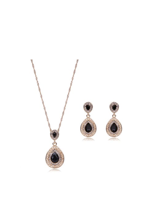 black Alloy Imitation-gold Plated Fashion Water Drop shaped Stones Two Pieces Jewelry Set