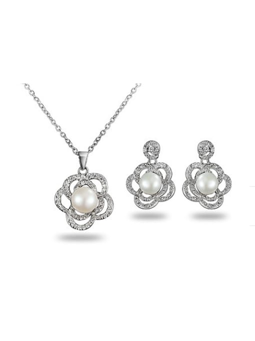 SANTIAGO All-match Platinum Plated Flower Artificial Pearl Two Pieces Jewelry Set