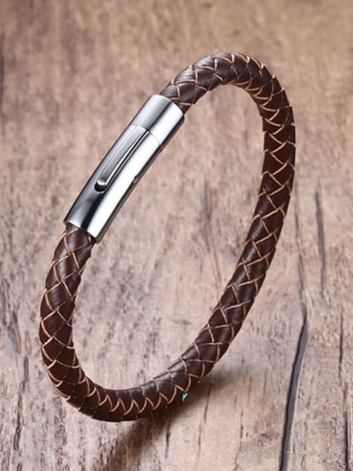 CONG Men Delicate Brown Artificial Leather Titanium Bracelet 2
