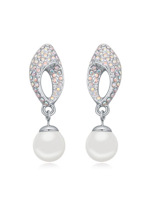 White Exquisite Imitation Pearls Shiny Tiny Crystals Alloy Stud Earrings