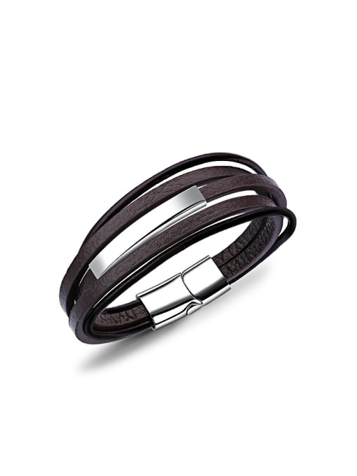 Brown Simple Multi-band Titanium Artificial Leather Bracelet