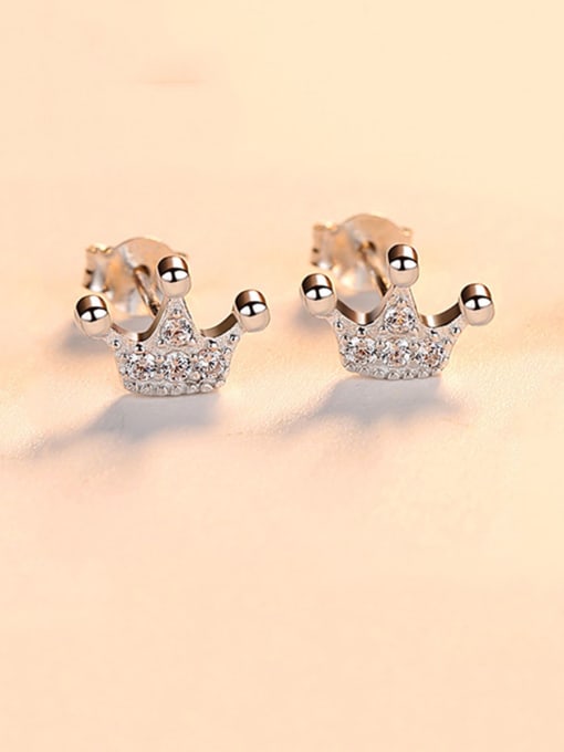 platinum-16D07 925 Sterling Silver With  Cubic Zirconia Simplistic Crown Stud Earrings