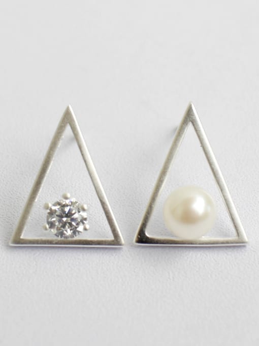 silver Fashion Hollow Triangle Freshwater Pearl Cubic Zircon Stud Earrings