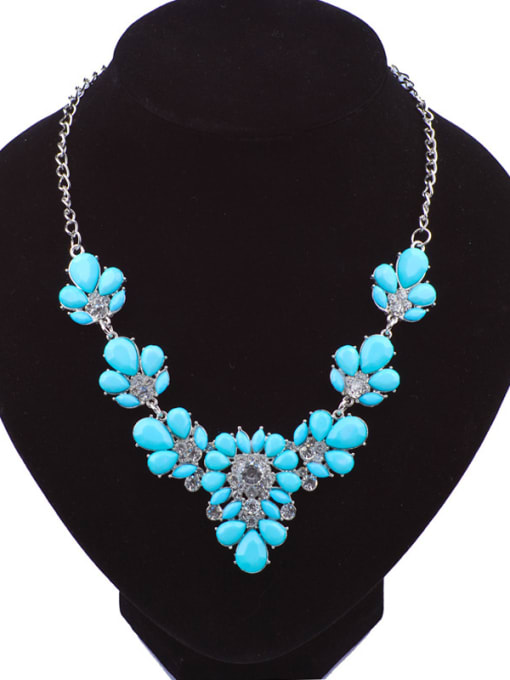 Blue Fashion Resin-sticking Flowers White Rhinestones Alloy Necklace