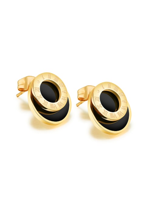 Gold Simple Black Round Roman Numerals Titanium Stud Earrings