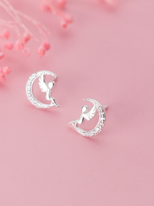 Rosh 925 Sterling Silver With Platinum Plated Simplistic Moon Angel Stud Earrings 1