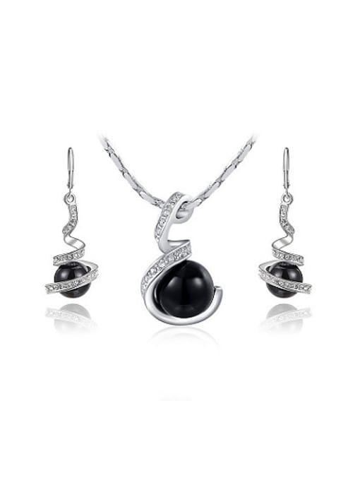 Platinum Alloy White Gold Plated Black Artificial Pearl Two Pieces Jewelry Set