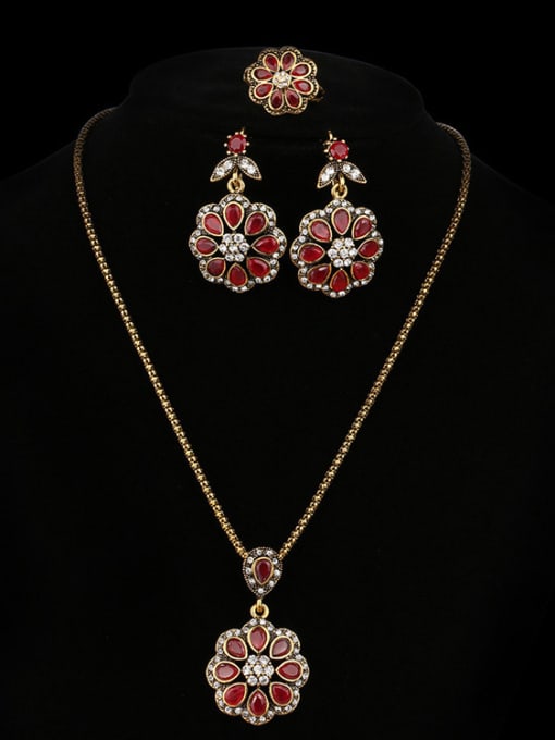 Gujin Ethnic style Red Resin stones Flowery Three Pieces Jewelry Set 3