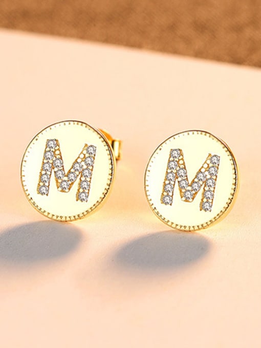 gold 925 Sterling Silver With Cubic Zirconia Simplistic Monogrammed  M Stud Earrings