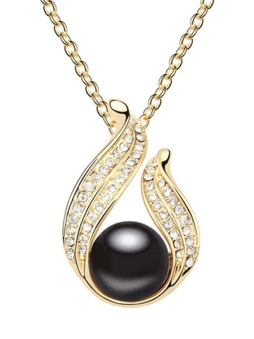 Black Champagne Gold Plated Imitation Pearl Tiny Crystals-covered Alloy Necklace