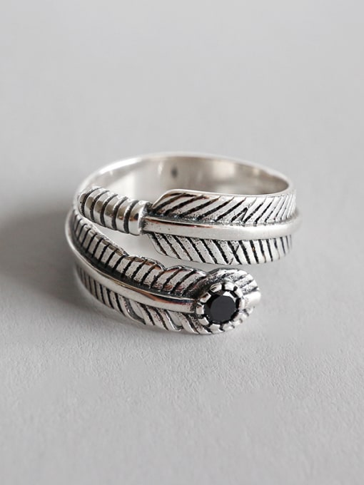 DAKA Sterling Silver personalized retro feather free size rings