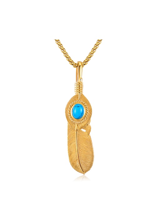 gold Retro style Feather Blue Stone Titanium Necklace