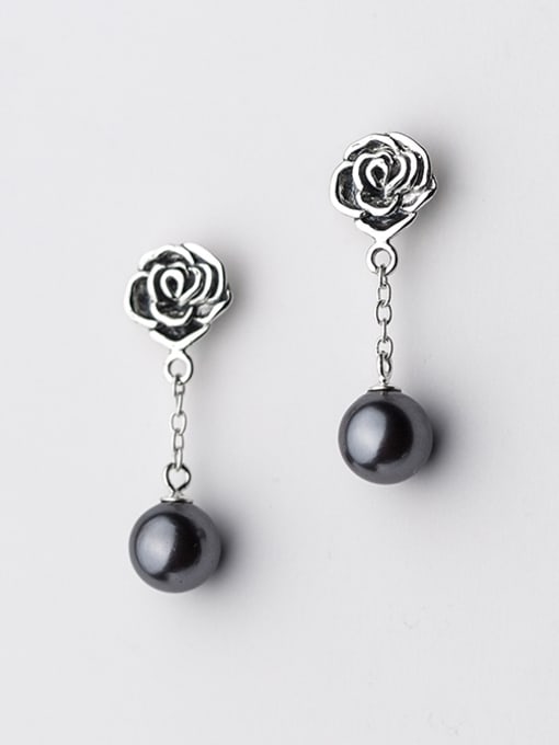 black Vintage Rosary Shaped Black Artificial Pearl Drop Earrings