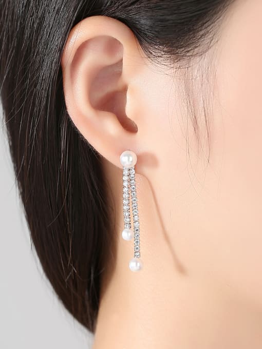 BLING SU Copper inlaid AAA zircon imitation pearl Tassel Earrings 1