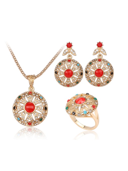 Gujin Retro Ethnic style Colorful Resin stones White Crystals Alloy Three Pieces Jewelry Set 0