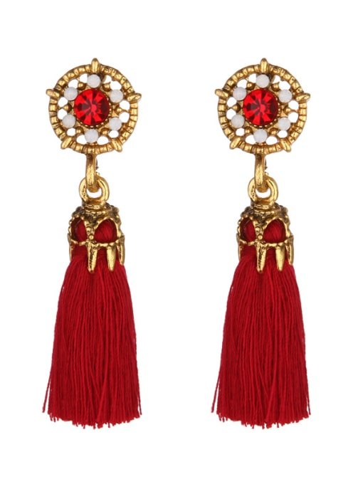 Red Vintage Round Shaped Rhinestones Tassels Stud Earrings
