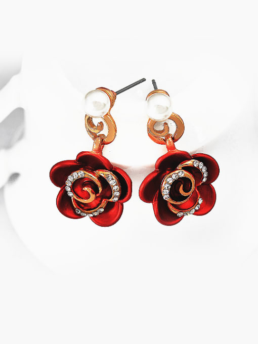 Wei Jia Fashion Red Flower Cubic Rhinestones Imitation Pearl Copper Stud Earrings 1
