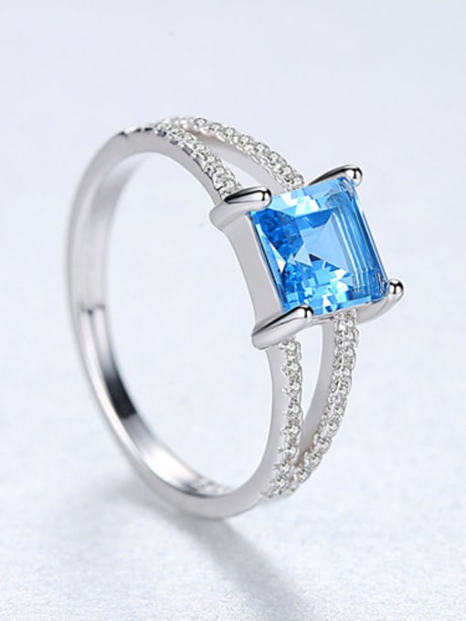 Blue Sterling silver micro-inlaid zircon blue square synthetic topaz ring