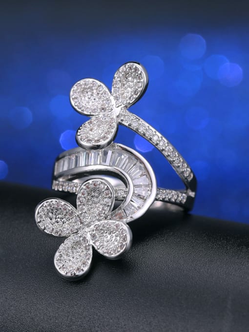 White Gold Plated  7# Fashion Exaggerate Flower Cocktail Ring