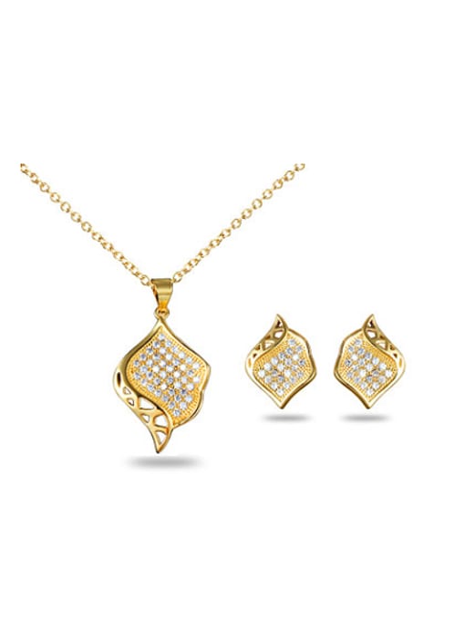 SANTIAGO Elegant 18K Gold Plated Leaf Shaped Zircon Two Pieces Jewelry Set 0