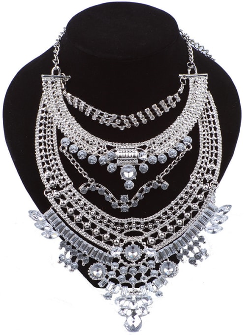 antique Silver Exaggerated White Stones-covered Alloy Necklace