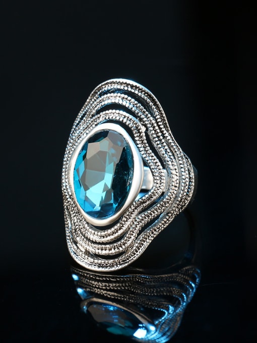 Blue Retro style Oval Glass Silver Plated Ring