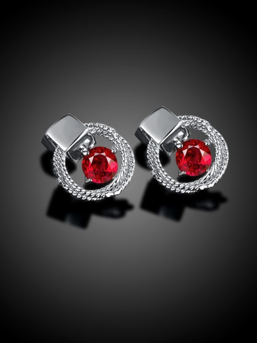 Platinum Red Double Circle Shaped Zircon Stud Earrings