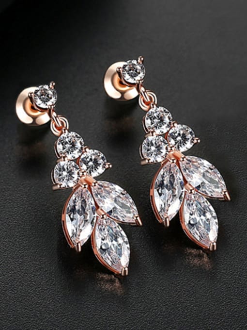rose-T03A19 Copper With Cubic Zirconia Personality Leaf Stud Earrings