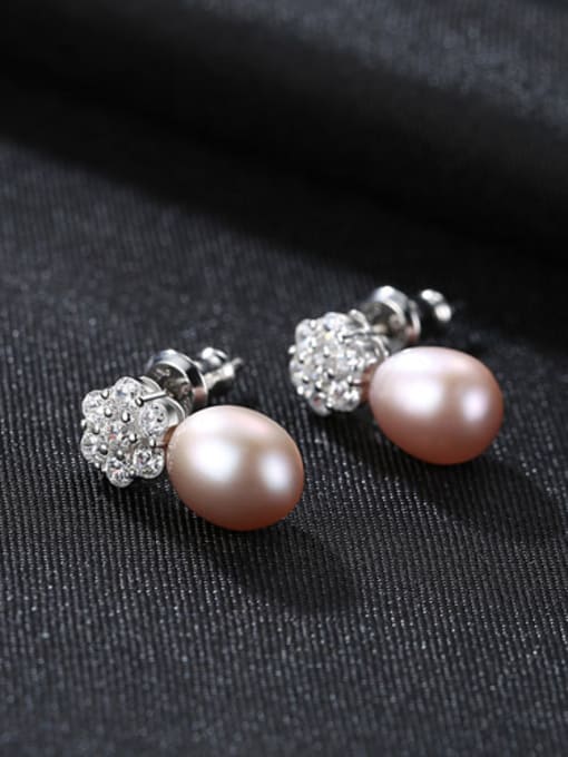 Purple Platinum Sterling Silver micro-plated zircon Natural Pearl Flower Earrings