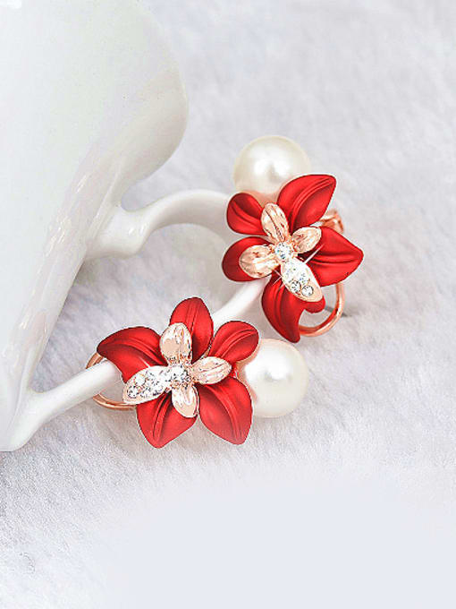 Wei Jia Fashion Red Flower Artificial Pearl Alloy Stud Earrings 1