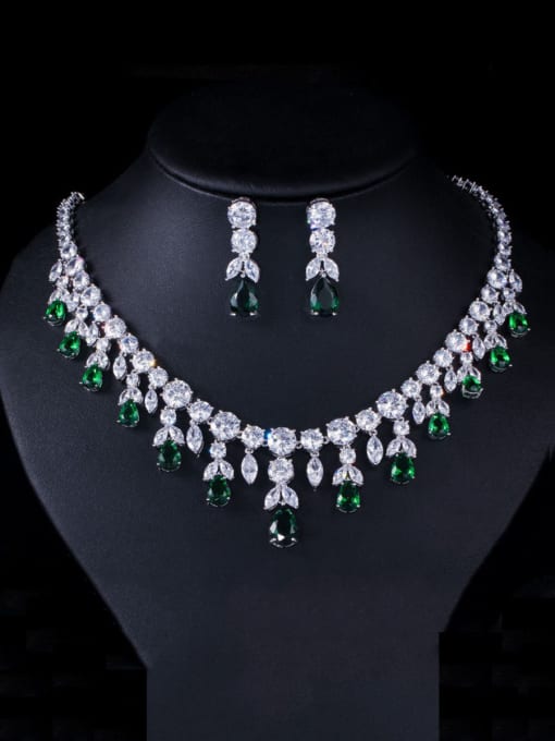 green Copper With White  Cubic Zirconia Delicate Leaf Wedding 2 Piece Jewelry Set