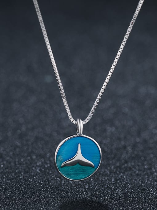sliver 925 Sterling Silver With Platinum Plated Cute Round Blue Fishtail Pendant Necklaces