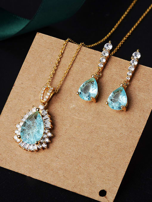 light blue+gold Copper With Glass stone Classic Water Drop 2 Piece Jewelry Set